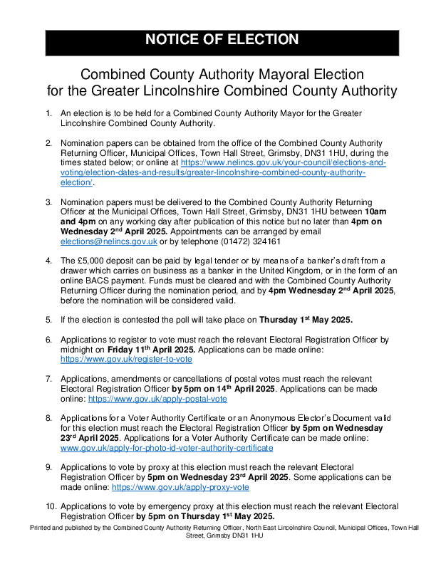 Notice of Greater Lincolnshire Combined County Mayoral Election